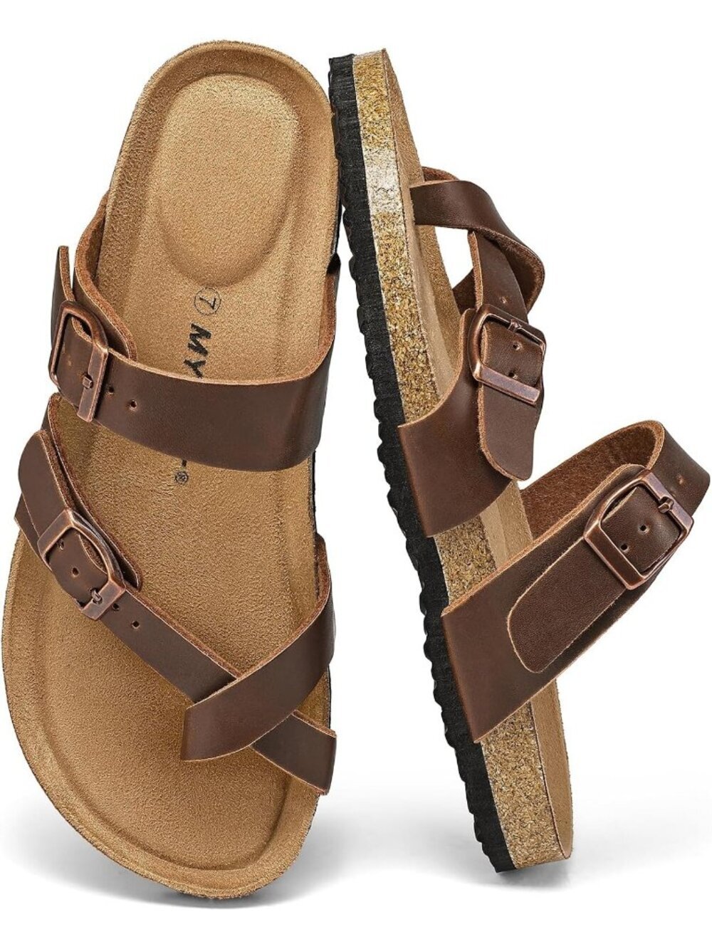 Women's Aged Brown Adjustable Buckle Slide Cork Footbed Slip On Sandal Shoes